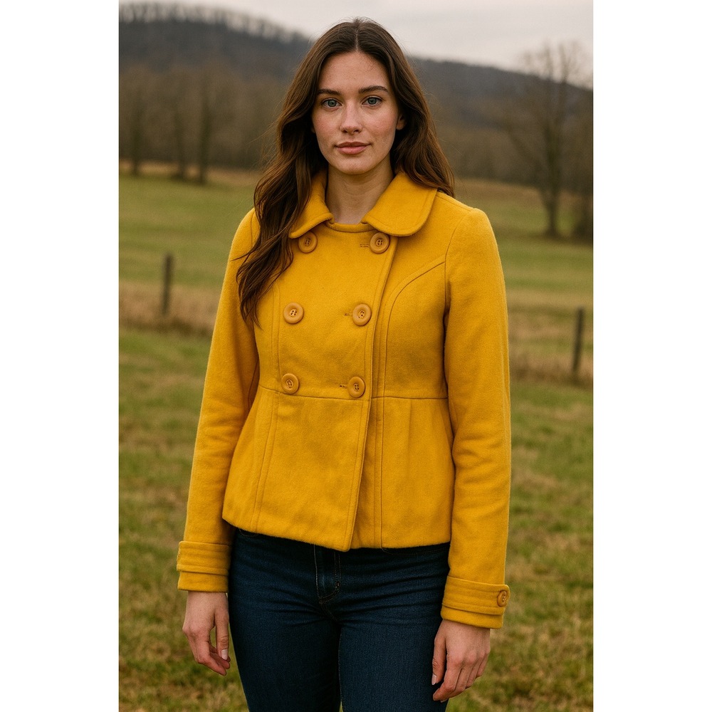 Anthropologie Tulle Coat Womens‎ Small Pea Coat Mustard Yellow Wool Button Front